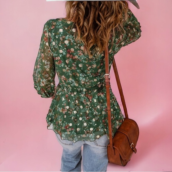 Green Boho Floral V-Neck Top featuring Long Sleeves and Shirred Ruffled Hem - Picture 2 of 5